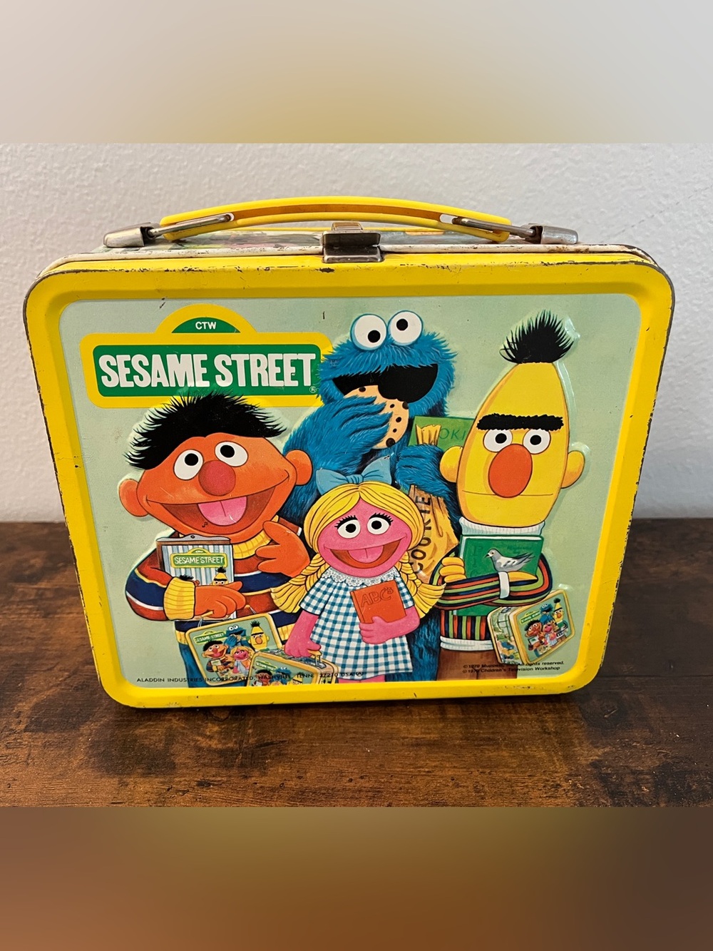 Vintage Sesame Street Yellow Metal Lunchbox with Ernie, Bert & Cookie Monster
